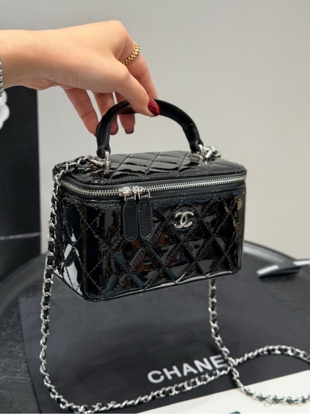 CHANEL Black Patent Quilted Vanity Box Bag with Chain Strap